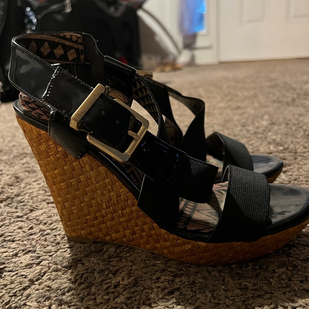 Jessica Simpson Black Strappy Heels with Gold Buckles